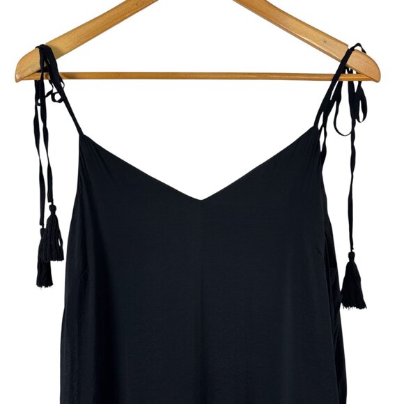 Elan Black Lace Tiered Maxi Dress Large Tie Spaghetti Straps Tassel Flowy Boho - Picture 2 of 13